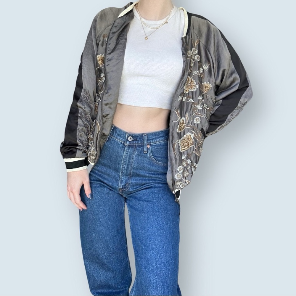 Zara Grey Floral Beaded and Embroidered Bomber Jacket (Size Medium)
